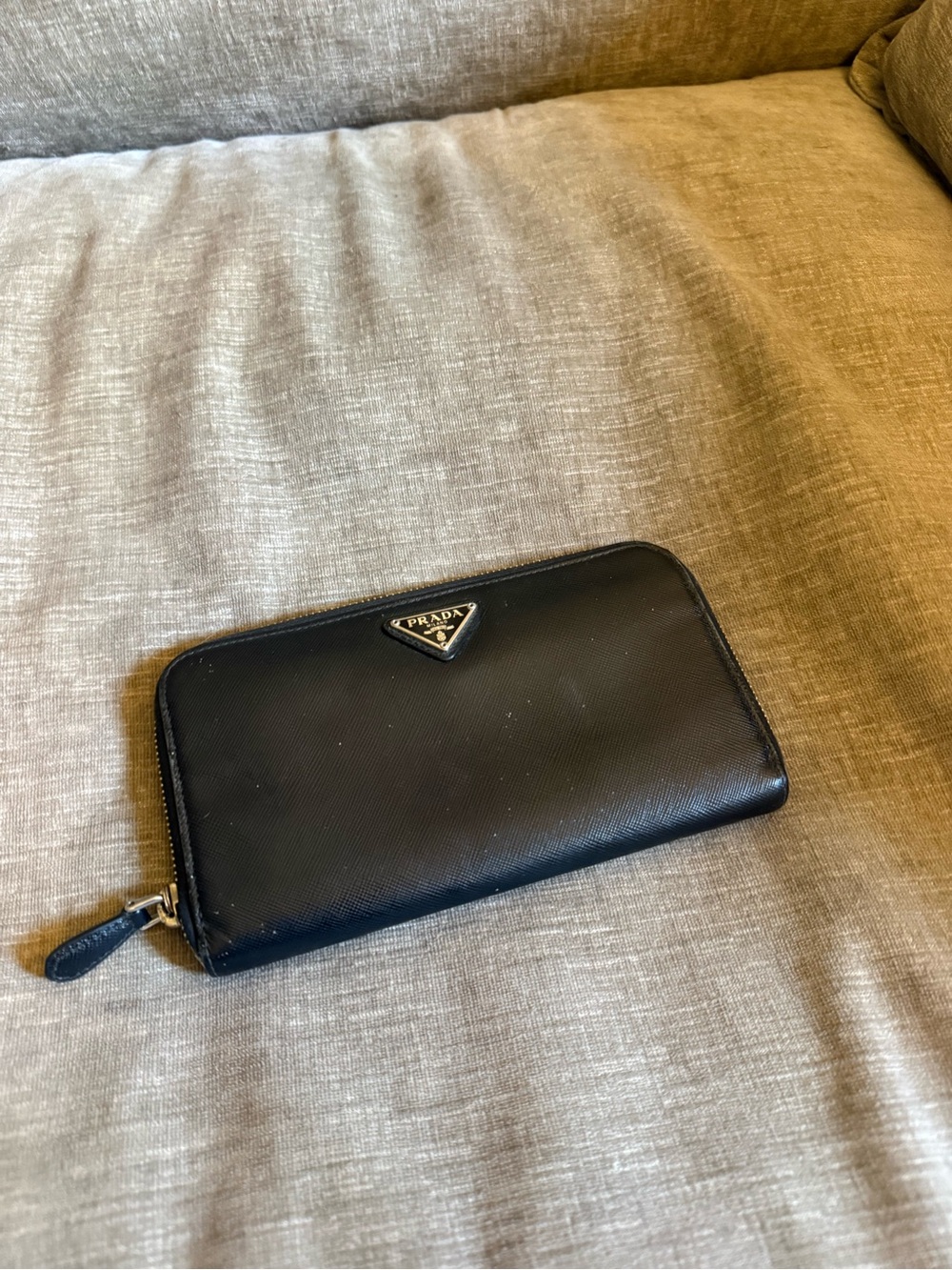 Prada Black Saffiano Zip Wallet with Silver Logo
